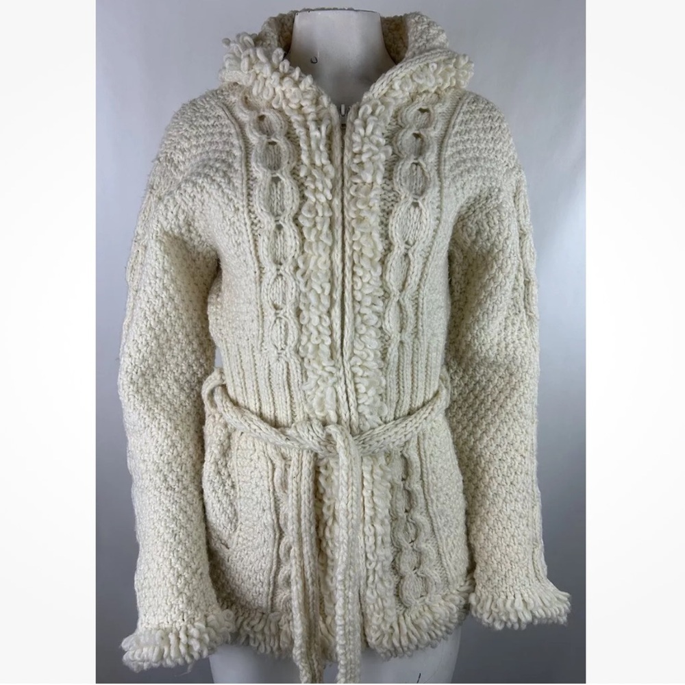 Sisandina Womens One Size 100% Wool Full Zip Fringe Hem Cardigan Cream Belted